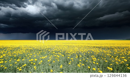Dramatic Dark Clouds over Vibrant Yellow Flower...のイラスト素材 [129844136 ...