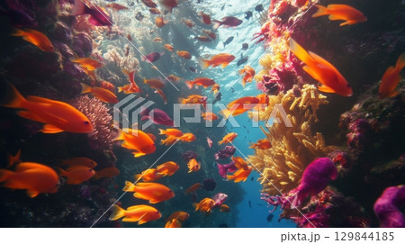 Vibrant Reef Fish Underwater Scene Coral Ocean Life sea art pink gold blue swim image nature marine 129844185