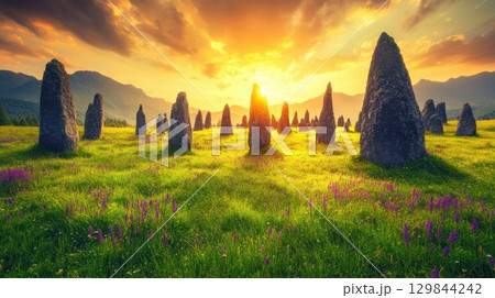 Majestic Sunset Golden Light Stone Circle Ancient Meadow Landscape sky view calm wild rocks field 129844242