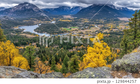 Majestic Mountain Valley Autumn Landscape Scenic View Colorful Trees sky fall lake gold blue wild 129844257