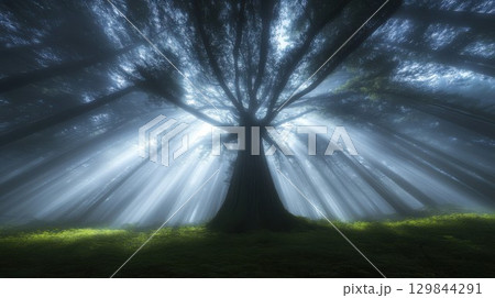 Majestic Ancient Tree Sunbeams Forest Mystical Nature Scene Sunlight Rays art awe fog calm blue mist 129844291