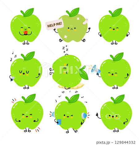 Charming cartoon green apples in a playful collection, expressing various emotions and actions. Charming cartoon green apples in a playful collection, expressing various emotions and actions. 129844332