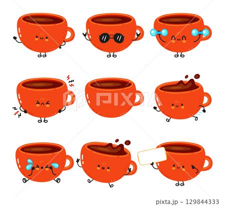 Charming cartoon coffee cups expressing various emotions, with splashing coffee and holding blank sign. 129844333