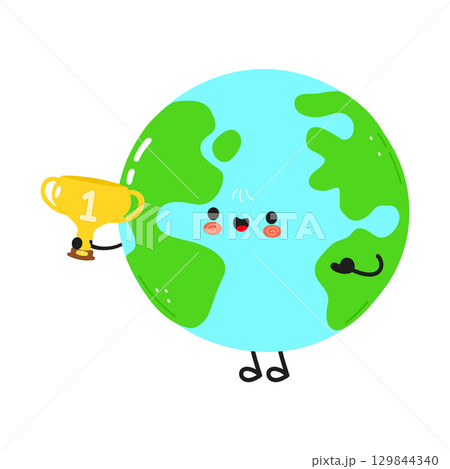 The earth character celebrates a win, holding a gold trophy, expressing happiness and joy. 129844340