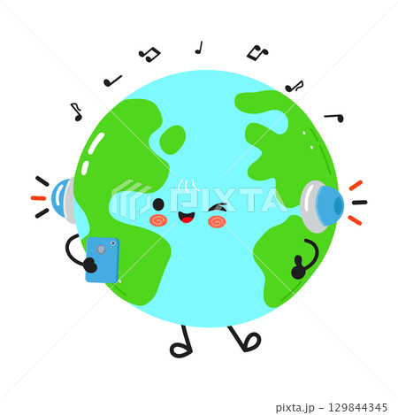 Cartoon earth character happily listening to music on headphones and using a phone 129844345