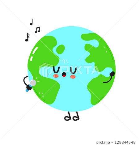 The Earth character joyfully singing into a microphone with musical notes around. The Earth character joyfully singing into a microphone with musical notes around. 129844349