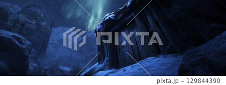 Mysterious Wooden Cabin Snowy Mountains Night Aurora Borealis art icy dark cold blue view image 129844390