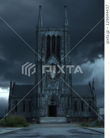 Dark Gothic Church Architecture Dramatic Stormy Sky Grey Stone Building old night eerie doors steps 129844437