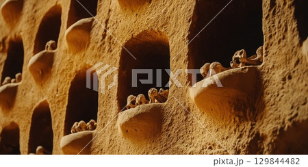 Ancient Stone Wall Niche Skulls History Archaeology Texture tan old gold dark aged tomb past worn 129844482