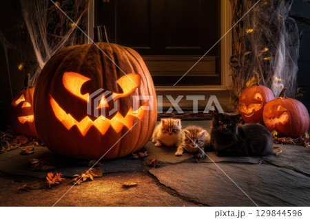 A Spooky Halloween Setup Featuring Adorable Cats Surrounded by Jack O Lanterns and Lights 129844596