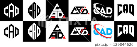 CAD letter logo design in six style. CAD polygon, circle, triangle, hexagon, flat and simple style with black and white color variation letter logo set in one artboard. CAD minimalist and classic logo 129844626