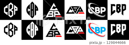 CBP letter logo design in six style. CBP polygon, circle, triangle, hexagon, flat and simple style with black and white color variation letter logo set in one artboard. CBP minimalist and classic logo 129844666