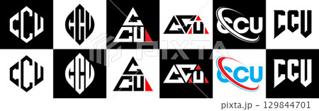 CCU letter logo design in six style. CCU polygon, circle, triangle, hexagon, flat and simple style with black and white color variation letter logo set in one artboard. CCU minimalist and classic logo 129844701