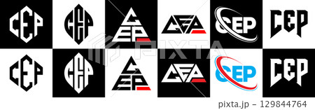 CEP letter logo design in six style. CEP polygon, circle, triangle, hexagon, flat and simple style with black and white color variation letter logo set in one artboard. CEP minimalist and classic logo CEP letter logo design in six style. CEP polygon, circle, triangle, hexagon, flat and simple style with black and white color variation letter logo set in one artboard. CEP minimalist and classic logo 129844764