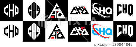 CHQ letter logo design in six style. CHQ polygon, circle, triangle, hexagon, flat and simple style with black and white color variation letter logo set in one artboard. CHQ minimalist and classic logo 129844845