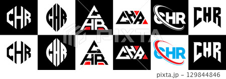 CHR letter logo design in six style. CHR polygon, circle, triangle, hexagon, flat and simple style with black and white color variation letter logo set in one artboard. CHR minimalist and classic logo 129844846