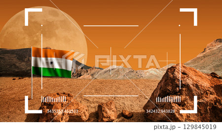 Indian flag on asteroid, satellite or planet landscape. Cosmos discover expedition. Indian flag on asteroid, satellite or planet landscape. Cosmos discover expedition. 129845019