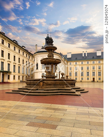 Kohl Fountain in Second Courtyard of Prague Castle near New Royal Palace in Prague in Czech Republic 129845074