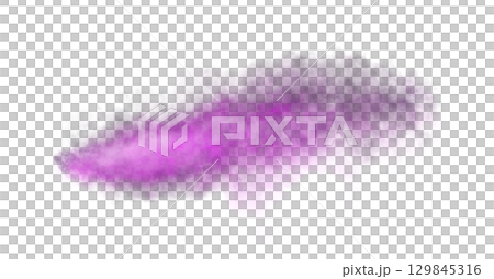 Thick violet exhaust smoke cloud trail isolated on black background from aircraft or vehicle with combustion engine 129845316