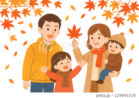 紅葉を楽しむ家族 129845319