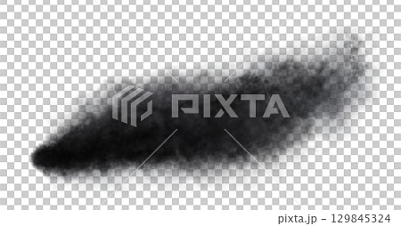 Thick black exhaust smoke cloud trail isolated from aircraft or vehicle with combustion engine 129845324