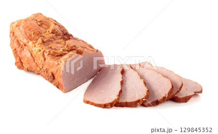 Smoked ham isolated on a white background. Smoked ham isolated on a white background. 129845352