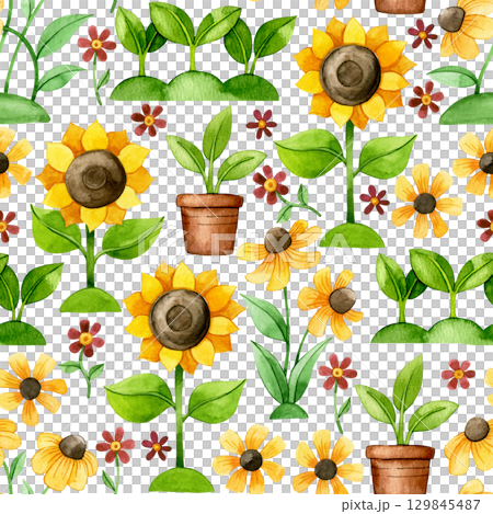 seamless pattern of sunflowers and autumn flowers watercolor drawing. illustration for children, cartoon seamless pattern of sunflowers and autumn flowers watercolor drawing. illustration for children, cartoon 129845487