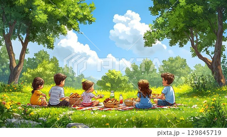 Children enjoying idyllic summer picnic amidst lush greenery under serene sky 129845719
