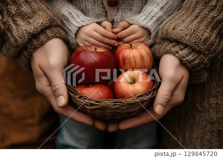 A bountiful autumn harvest, Father and child sharing fresh apples in a basket 129845720