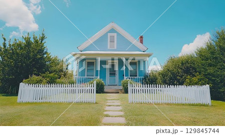 Quaint Blue Cottage with White Picket Fence on a Sunny Day 129845744