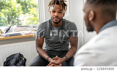 Dedicated african american doctor engaged in a consultation with a patient Dedicated african american doctor engaged in a consultation with a patient 129845800