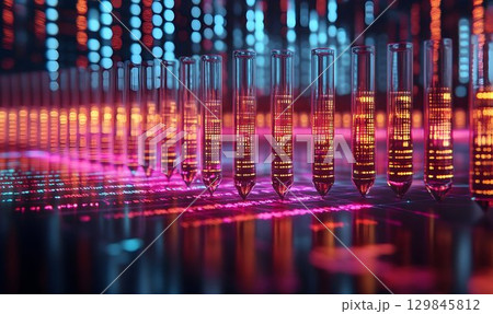 Abstract Data Analysis with Test Tubes and Glowing Information Grid 129845812