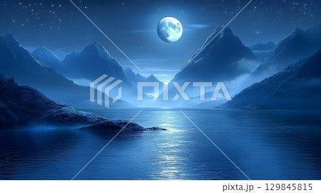 Enchanting moonlit panorama over a tranquil lake surrounded by mountains 129845815