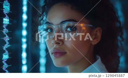 Portrait of female scientist in protective eyewear observing data display 129845887