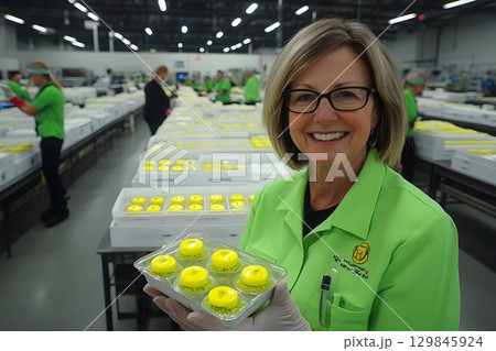 Quality control expert smiling with innovative product batch in manufacturing 129845924