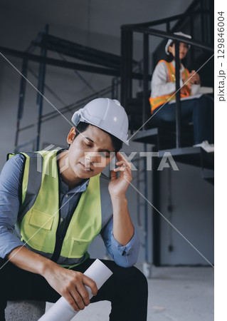 Construction manager and engineer dressed in orange work vests and hard helmets explore construction documentation on the building site near the steel frames Construction manager and engineer dressed in orange work vests and hard helmets explore construction documentation on the building site near the steel frames 129846004