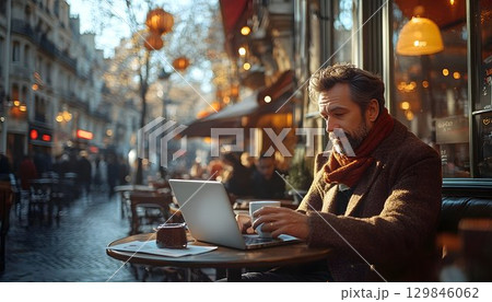Focused freelance worker at Parisian caf? using laptop for online business 129846062
