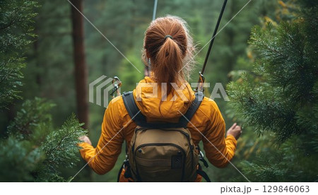 A Woman on a Zipline Adventure Through a Lush Forest Canopy Experience 129846063