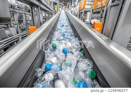 Automated sorting line of plastic water bottles for recycling processing plant 129846077