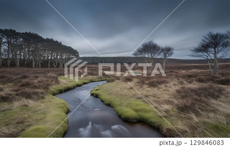 Winding river flows through heather moorland landscape, under moody sky 129846083