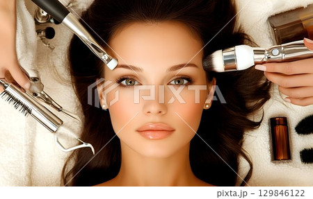 Captivating beauty portrait of a woman undergoing a flawless makeup application 129846122