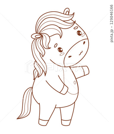 Outline Adorable Pony. Cute Horse Kawaii Animal. Line drawing, coloring book. Vector illustration. Kids collection. Not AI Outline Adorable Pony. Cute Horse Kawaii Animal. Line drawing, coloring book. Vector illustration. Kids collection. Not AI 129846166