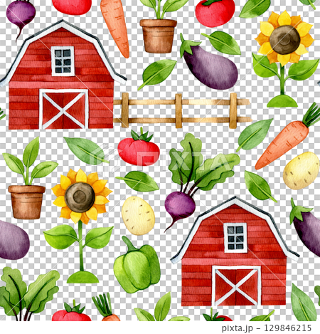 Seamless farm pattern. Watercolor drawing barn, vegetables, sunflowers, plants. Illustration for children, cartoon 129846215
