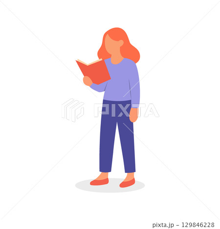 Red-haired woman reading a book while standing. Minimal flat style vector character for education and lifestyle topics Red-haired woman reading a book while standing. Minimal flat style vector character for education and lifestyle topics 129846228