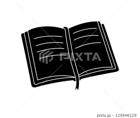 Open book with ribbon bookmark in minimalist black silhouette. Linear vector icon of reading and storytelling Open book with ribbon bookmark in minimalist black silhouette. Linear vector icon of reading and storytelling 129846229
