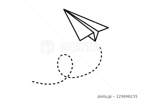 Paper airplane with swirling dashed loop. Minimalist vector of playful airborne motion and movement Paper airplane with swirling dashed loop. Minimalist vector of playful airborne motion and movement 129846235