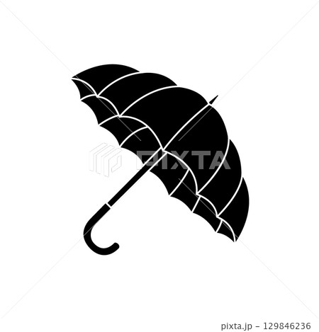 Solid black umbrella silhouette with detailed folds, modern minimalist vector art for rain protection and stylish weather design 129846236