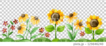 seamless border of sunflowers and autumn flowers watercolor drawing. illustration for children, cartoon seamless border of sunflowers and autumn flowers watercolor drawing. illustration for children, cartoon 129846240