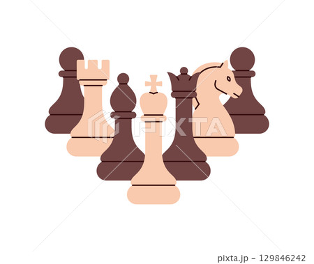 Complete minimal chess set illustration with king, queen, rook, bishop, knight and pawns in balanced abstract style 129846242
