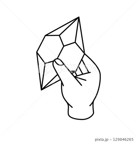 Hand holds a crystal. Magic mineral crystal. Gemstone, amethyst, ruby, sapphire, emerald, topaz and quartz. Vector illustration. Hand holds a crystal. Magic mineral crystal. Gemstone, amethyst, ruby, sapphire, emerald, topaz and quartz. Vector illustration. 129846265